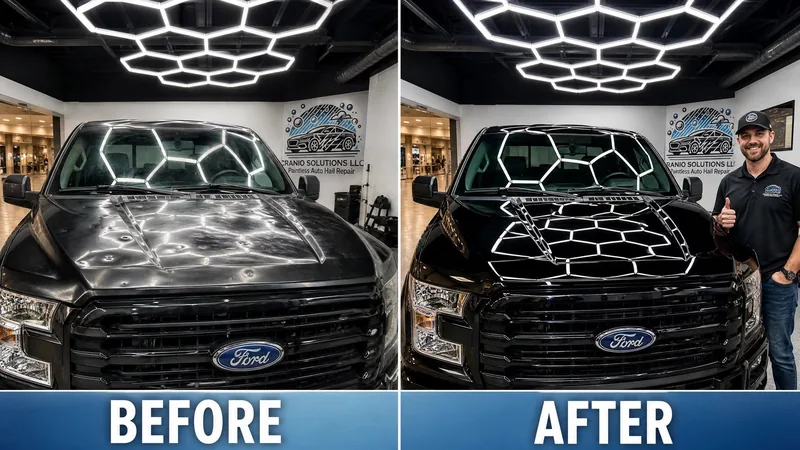 The same black truck under the same shop lights. On the before half the reflected hexagons are shattered by hail dents. On the after half they are straight and clean.