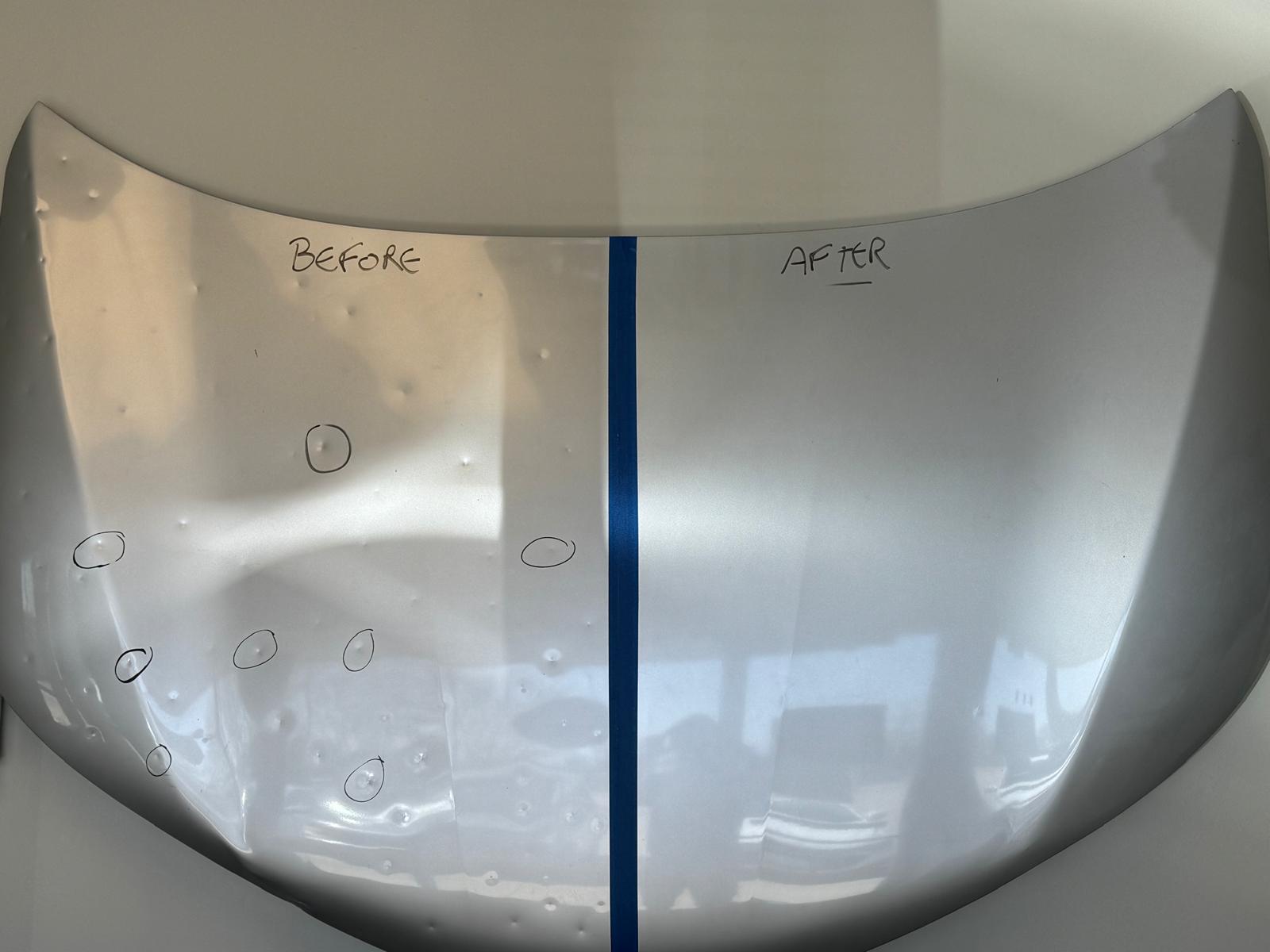 One car hood split down the middle: the left half labelled BEFORE shows dozens of hail dents, several circled in marker, and the right half labelled AFTER is smooth